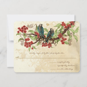 Red Floral Vintage Birds Sitting in Tree Wedding RSVP Card