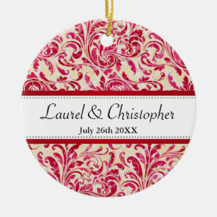 Red Floral Vintage Damask Pattern Save the Date Ceramic Tree Decoration