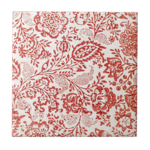 Red Floral Vintage Textile Pattern Ceramic Tile