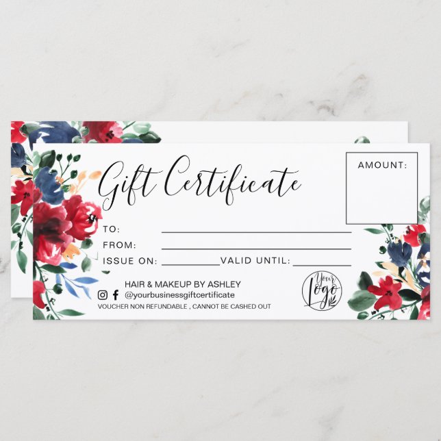 Red floral watercolor gift certificate logo (Front/Back)