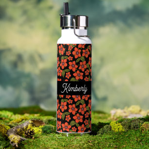 Red Floral Watercolor Monogram Name Water Bottle