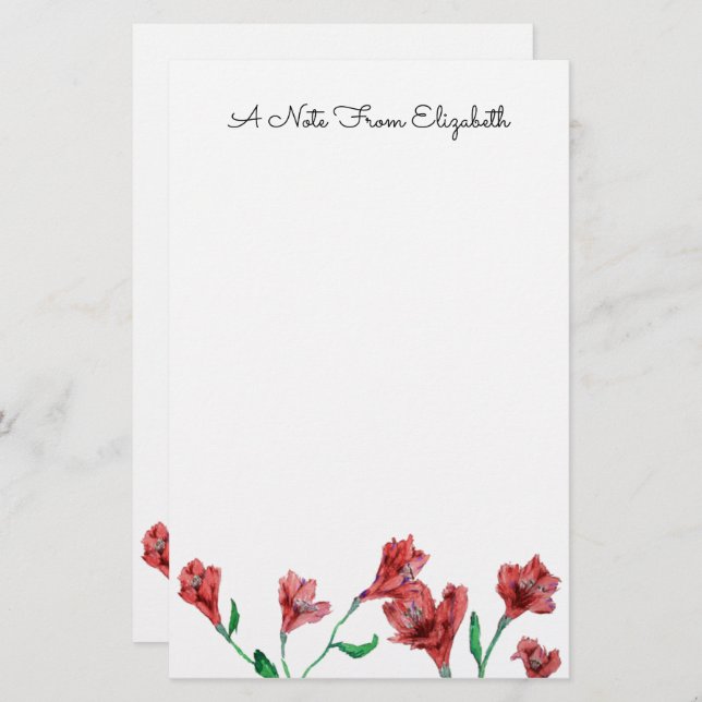 Red Floral Watercolor Personalised Stationery (Front/Back)