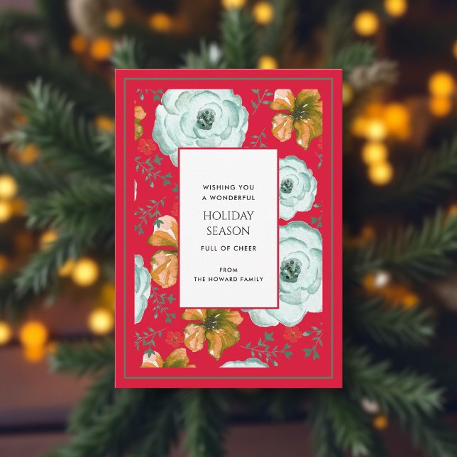 Red Floral Watercolor Roses Botanical Holiday Card (Creator Uploaded)