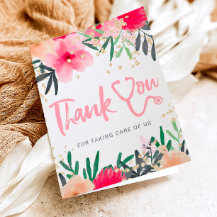 Red floral watercolor stethoscope nurse thank you card