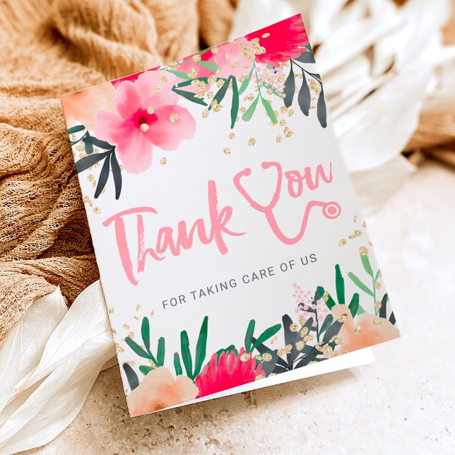 Red floral watercolor stethoscope nurse thank you card (Creator Uploaded)