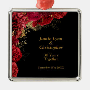 Red Floral Wedding Anniversary Metal Ornament