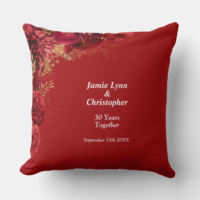 Red Floral Wedding Anniversary Throw Pillow (Front)