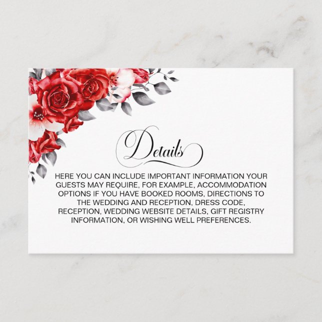 Red Floral Wedding Details Enclosure Card (Front)