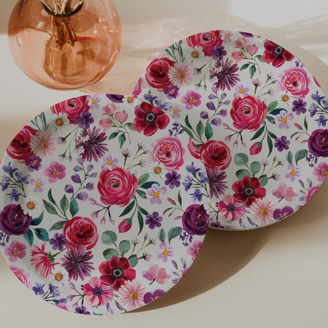 Red Floral Wedding Paper Plate (Red Floral Watercolor Wedding Paper Plates by Painted Paperie
)
