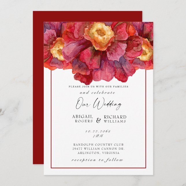 Red Floral Wedding Tuscan  Bold and Vibrant  Invit Invitation (Front/Back)