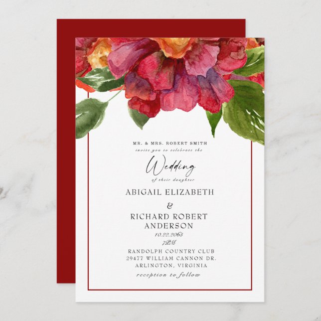 Red Floral Wedding Tuscan  Bold Parents Invitation (Front/Back)