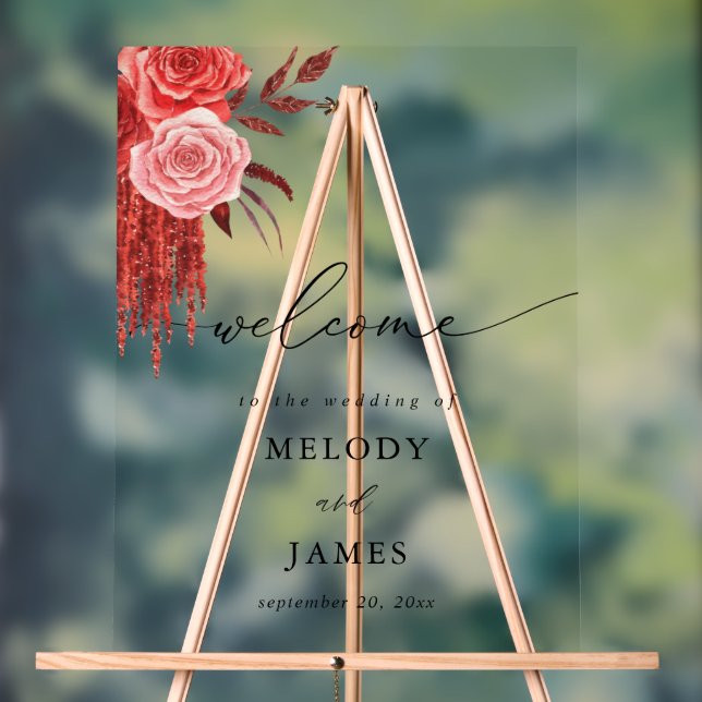 Red Floral Welcome Acrylic Sign (Neutral)