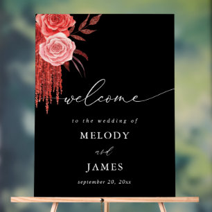 Red Floral Welcome- Black Acrylic Sign