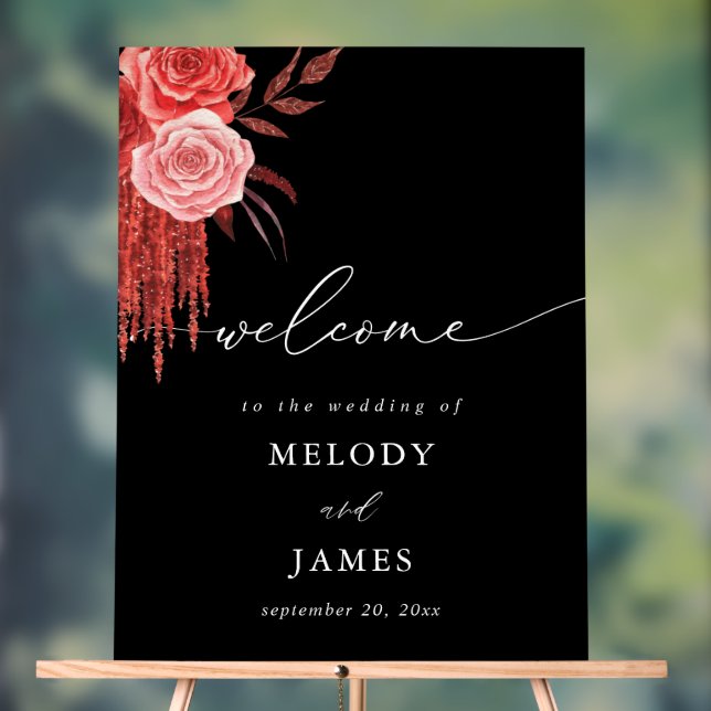Red Floral Welcome- Black Acrylic Sign (Neutral)