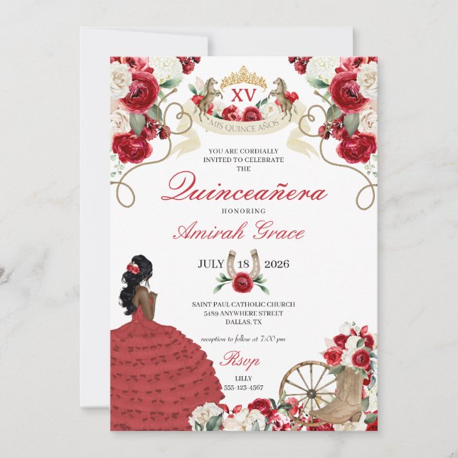 Red Floral Western Horses Cowgirl Quinceañera Invitation (Front)