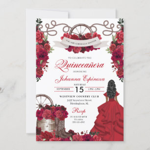 Red Floral Western Ranchero Quinceanera Invitation