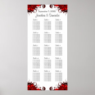 Red Floral & White 15 Wedding Tables Seating Chart