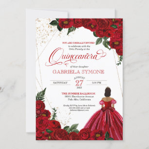 Red Floral White & Gold Elegant Gown Quinceanera Invitation