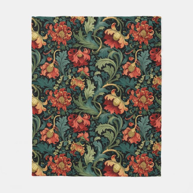 Red Floral William Morris print Fleece Blanket (Front)