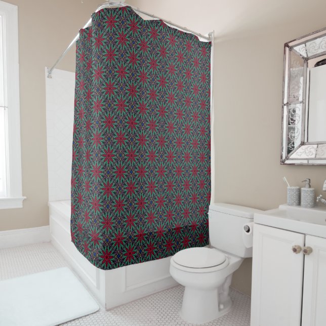 Red Floral With Green and Blue Shower Curtain (In Situ)