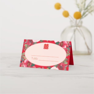 Red floral wreath Chinese wedding reception Place Card