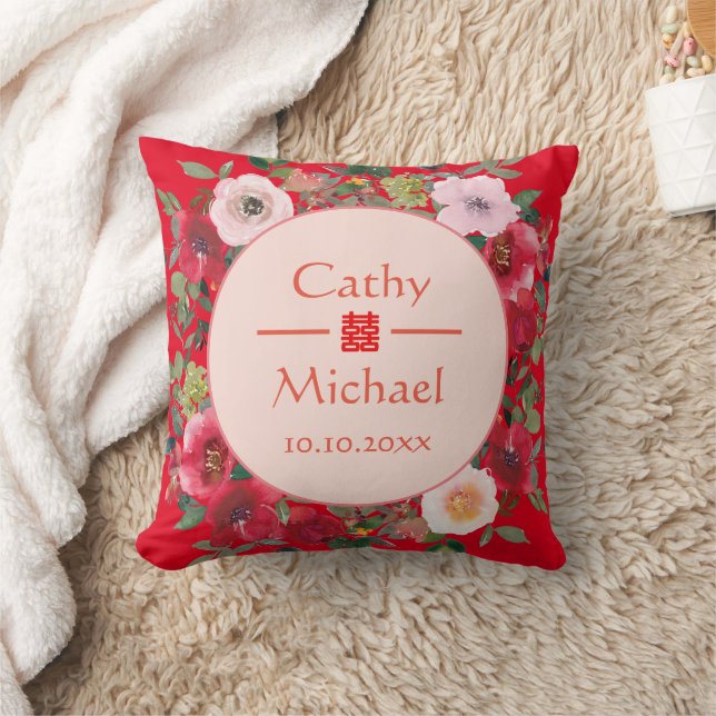 Red floral wreath Chinese wedding tea ceremony Cushion (Blanket)