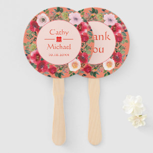 Red floral wreath Chinese wedding thank you Hand Fan