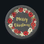 Red Floral Wreath Gold Chalkboard Christmas Plates<br><div class="desc">Merry Christmas paper plates with rustic chalkboard pattern,  red and white vintage floral wreath and gold colour text.</div>