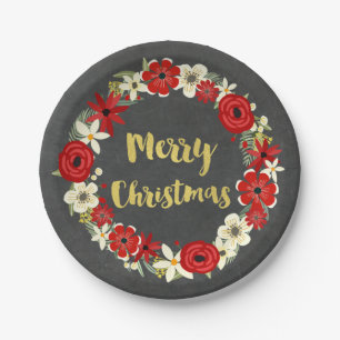 Red Floral Wreath Gold Chalkboard Christmas Plates