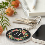 Red Floral Wreath Monogram Key Ring<br><div class="desc">Elegant monogram in watercolor wreath with reds,  oranges and yellows over a custom colour background. Single sided or double; Add your photo or add text to back for double sided</div>