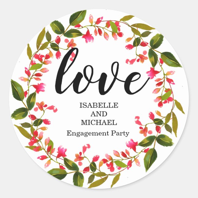 Red Floral Wreath Personalised Engagement Party Classic Round Sticker (Front)