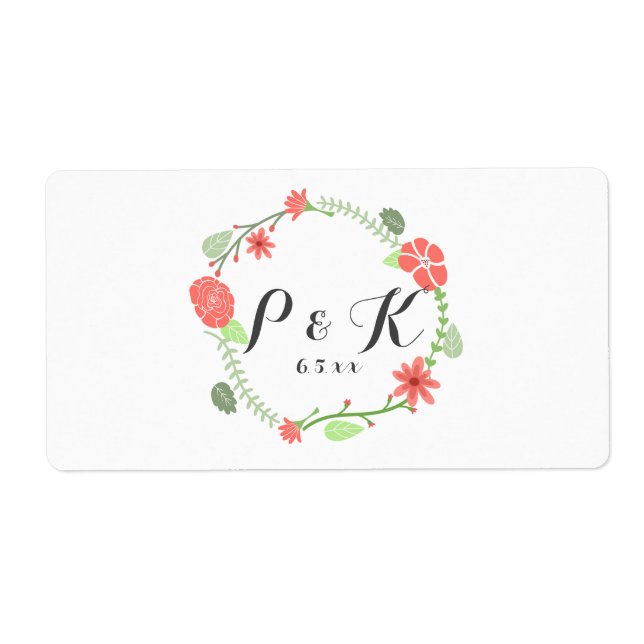 Red Floral Wreath Wedding Water Bottle Labels (Front)