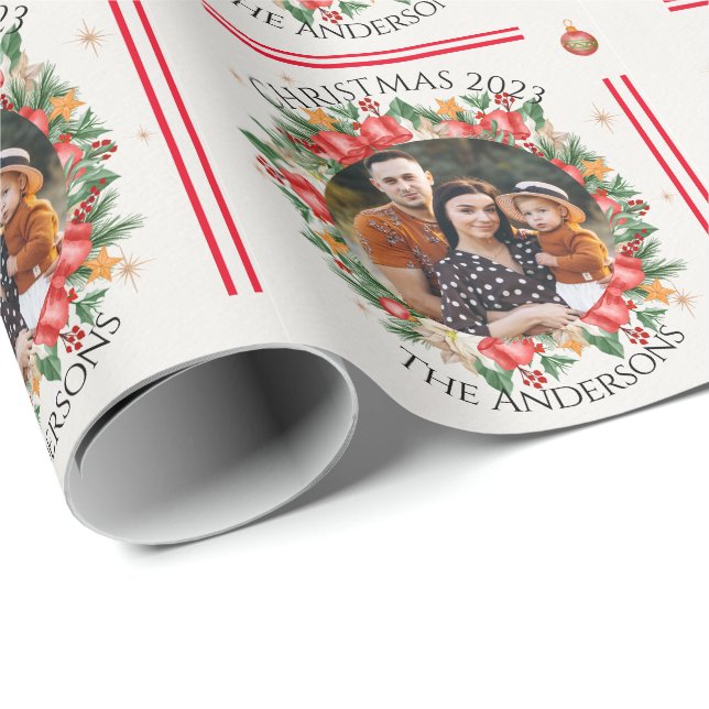 Red Florals Family Photo Merry Christmas Wrapping Paper (Roll Corner)