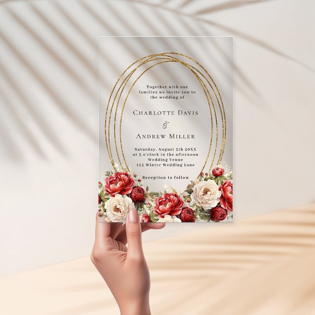 Red florals gold frame clear wedding acrylic invitations (Creator Uploaded)