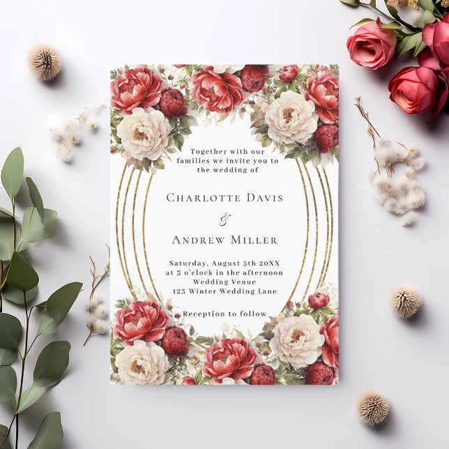 Red florals gold frame wedding invitation (Creator Uploaded)