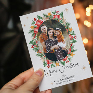 Red Florals Multi Family Photos Merry Christmas Postcard