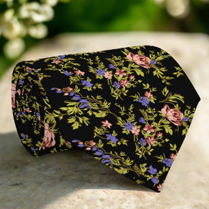 Red Florals Purple Flowers Green Leaves Plants Tie