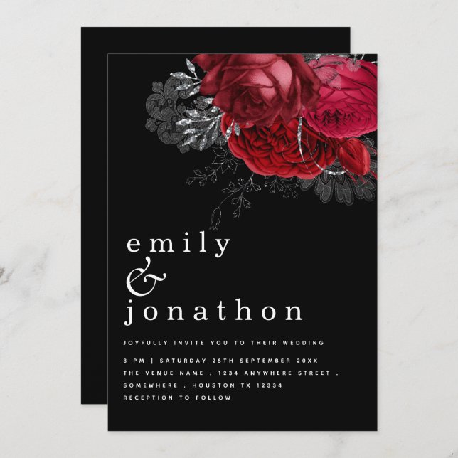 Red Florals Silver Black Wedding Invitation (Front/Back)