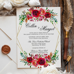 Red Florals Wedding Frame Announcement
