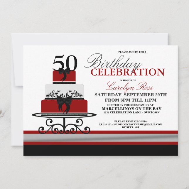Red Flourish Cake Custom Birthday Invitations (Front)