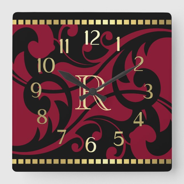 Red Flourish Design Gold Border with Monogram Square Wall Clock (Front)