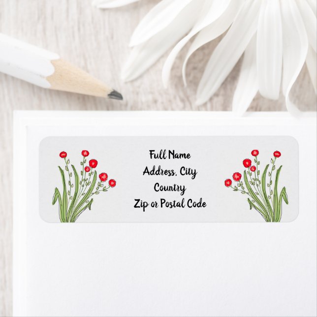 Red flower accented return address label (Insitu)
