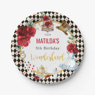 Red Flower Alice in Wonderland Birthday Tea Party Paper Plate