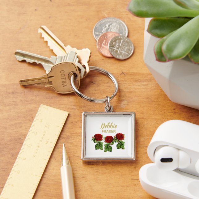 Red flower and green leaves custom name key ring (Desk)