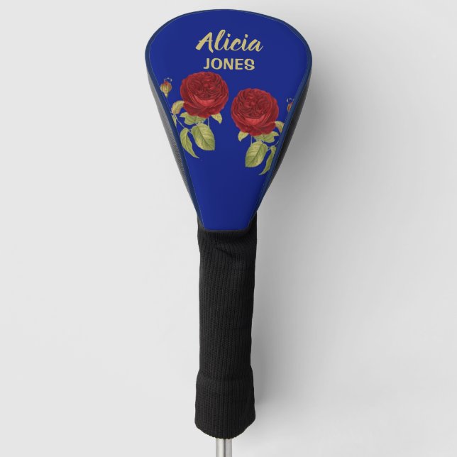 Red flower and leaves blue golf head cover (Front)