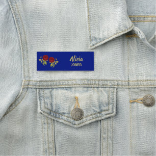Red flower and leaves blue name tag