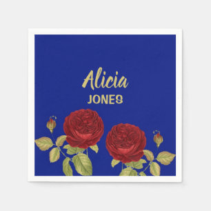 Red flower and leaves blue napkin