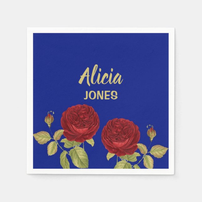 Red flower and leaves blue napkin (Front)