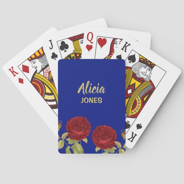 Red flower and leaves blue playing cards (Back)