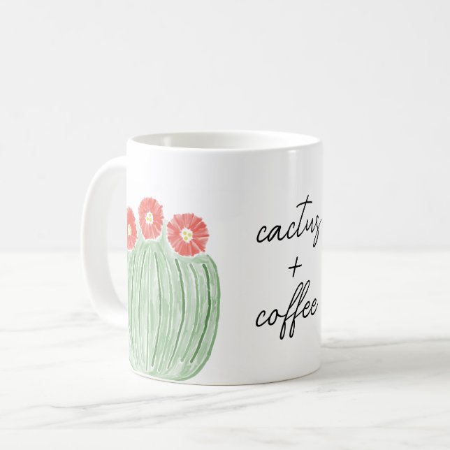 Red Flower Barrel Cactus Plus Coffee Watercolor Coffee Mug (Front Left)